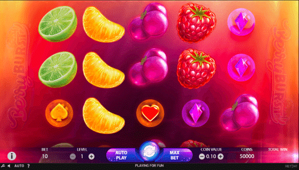 Image of Berryburst slot layout, with various fruits set against a red background. At the bottom is a standard fruit slot interface. 