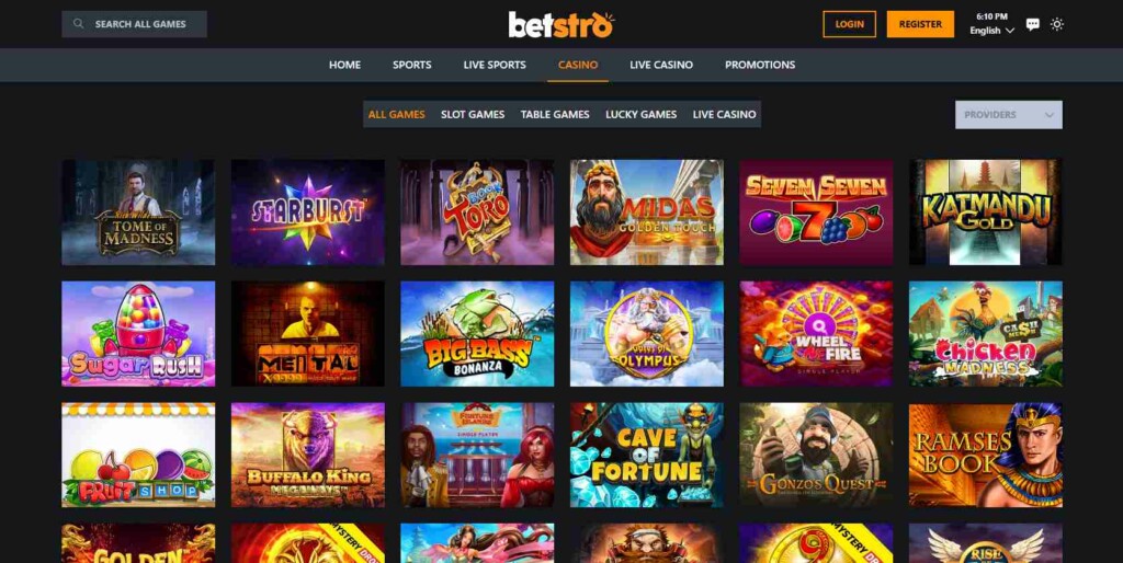 A screenshot of BetStro Casino homepage