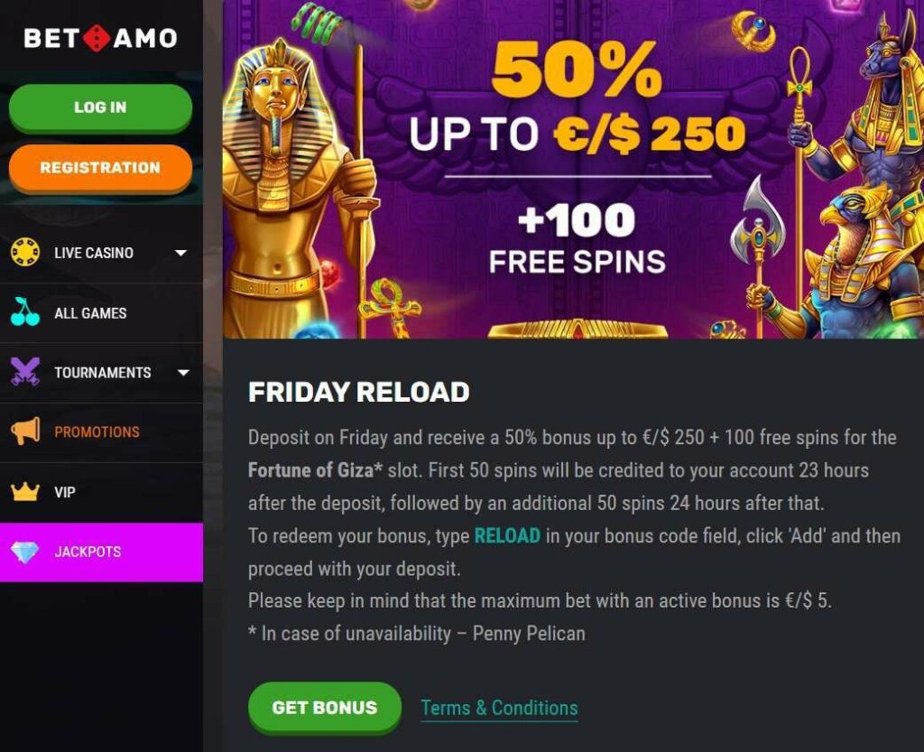 A screenshot of Betamo Casino Reload offer