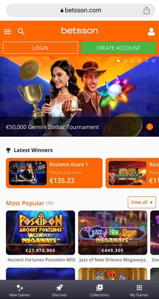 Screenshot of Betsson Mobile Casino