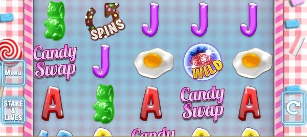 Online slot machine featuring a mix of alphabet letters J, A, and symbols with wild, eggs and sweets on the reels. 