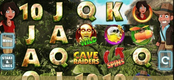 Online slot table with symbols J, K, Q, a skull, cave raiders, an Indiana Jones lookalike and an adventurer woman. 