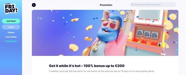 CasinoFriday welcome bonus promotion offering a 100% bonus up to ¥200 + 200 Free Spins