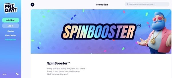 A screenshot from the Casino Friday website showing the SpinBooster promotion.