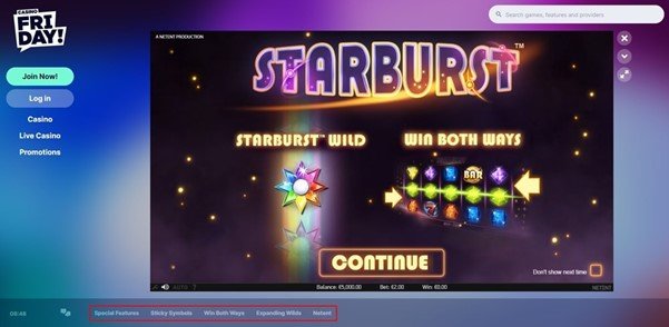 CasinoFriday page showing Starburst along with suggested game categories right below it