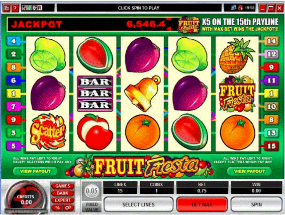 Screenshot of Fruit Fiesta 5 Reel slot, with a 5x3 grid set against a green background. Image is very busy with fruits, a bell and other symbols. A jackpot of 6,545.4 credits.