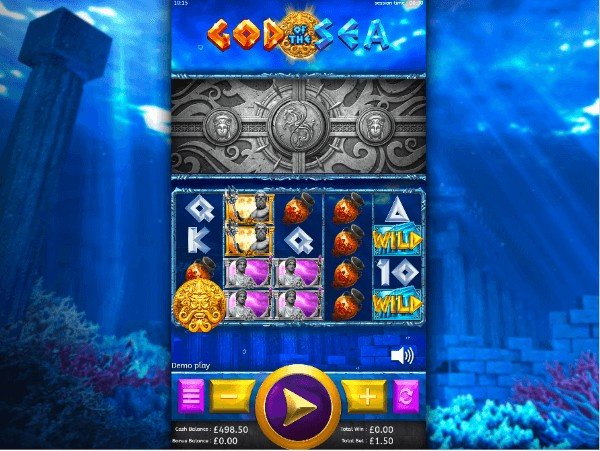 Online slot table with a background of the ocean and the ruins of Atlantis. Slot table includes symbols of 10, Q, K, A, wilds, and ancient gods and symbols 
