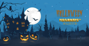 Image of a spooky castle and bats at night, with text "Halloween Megaways™ Slots"