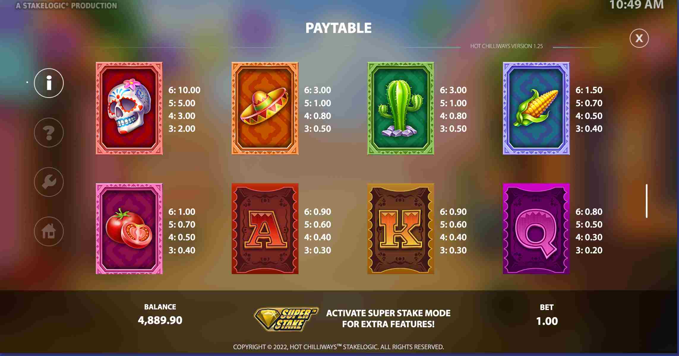 Hot Chilliways Paytable Screenshot