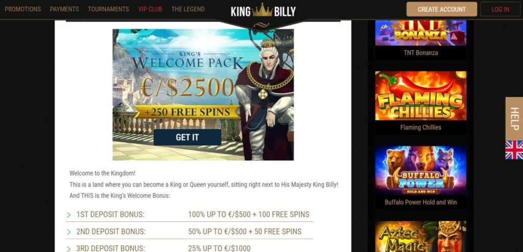 A screenshot of King Billy Casino Reload Offer