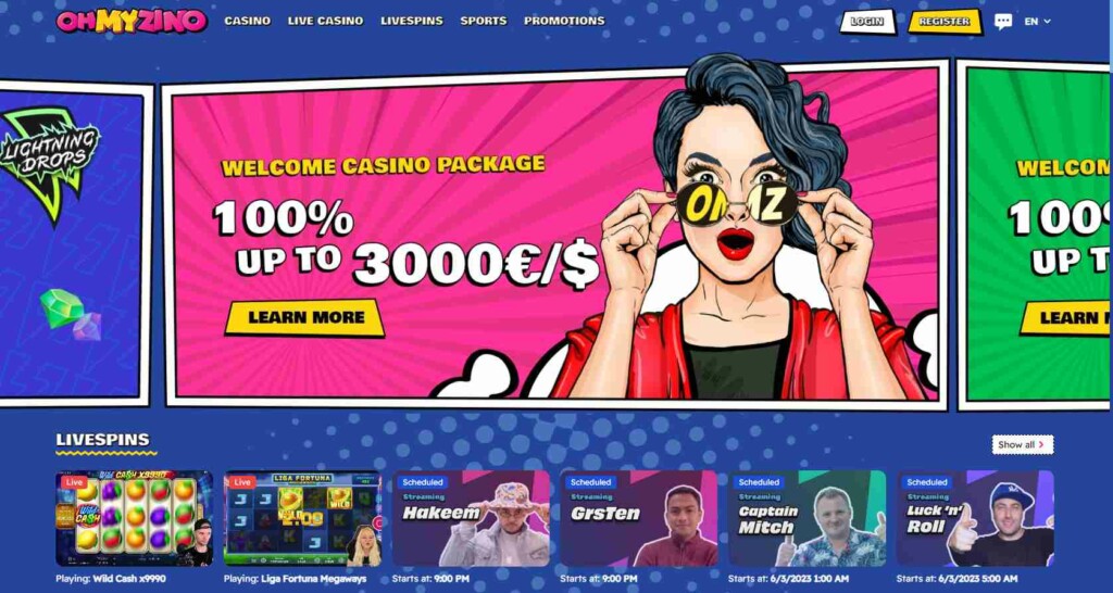 A screenshot OhMyZino Casino homepage