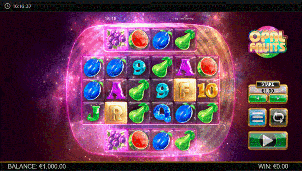 Image of Opal Fruits slot layout, with fruits and letters aligned on translucent reels with a celestial background. A simple interface to the right.