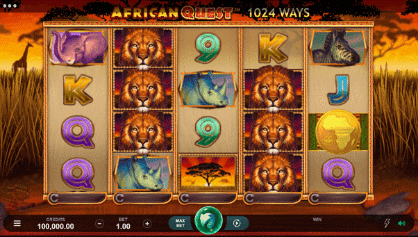 Africa theme animal slot, lions, zebra, elephant, rhino and Africa coin