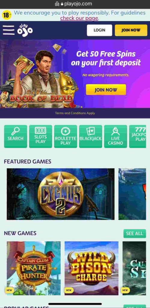 PlayOJO Screenshot Game Lobby Mobile Casino
