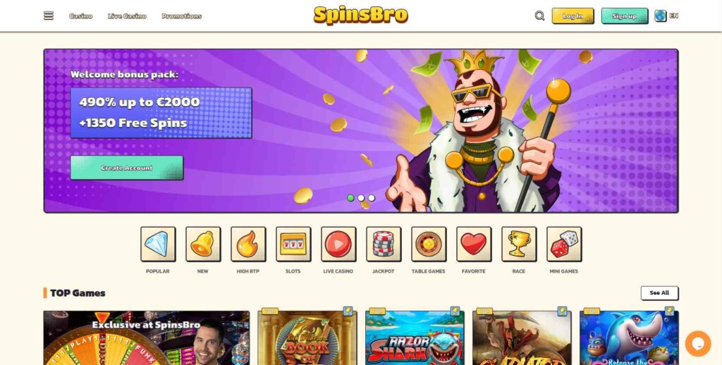 A screenshot of SpinsBro Casino homepage