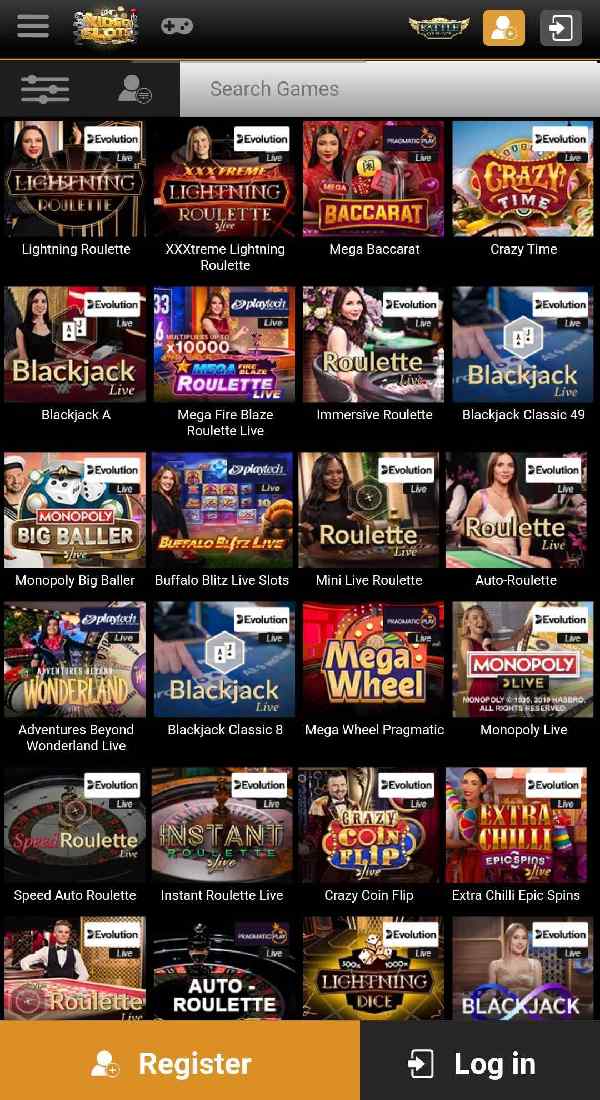 Videoslots screenshot of Live Casino Lobby