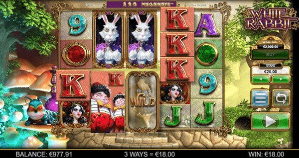 The White Rabbit Megaways™ game with a Wild Symbol on the centre reel. Also shown are the balance, current prize value and total win.