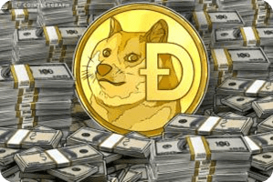 dogecoin with money bills at the back