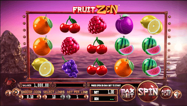 Image of Fruit Zen slot, with various fruits such as oranges and cherries set against a tranquil background. At the bottom is a standard fruit slot interface. 